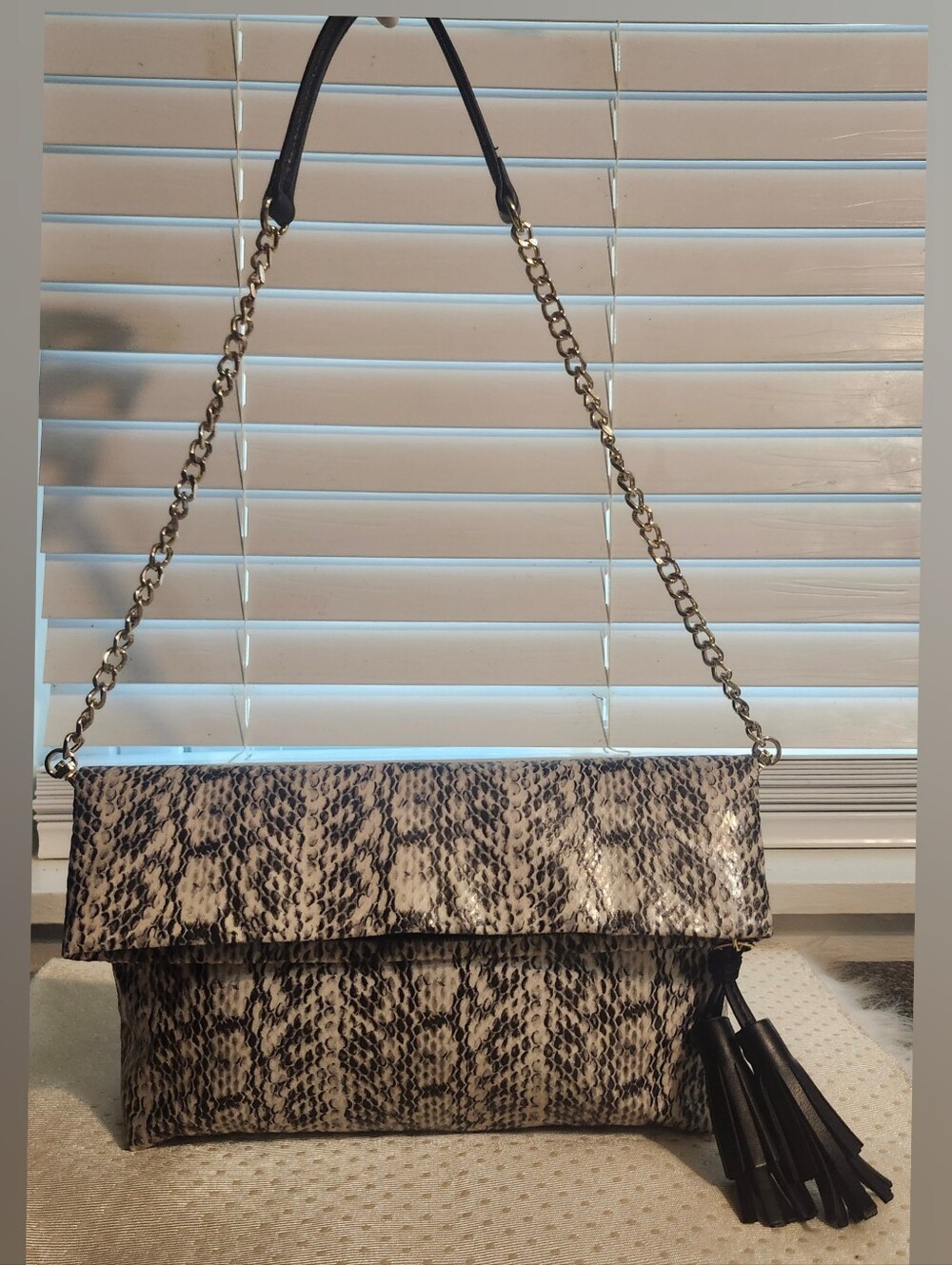 Nine West Snake-Print Foldover Chain Shoulder Bag - Black/Tan